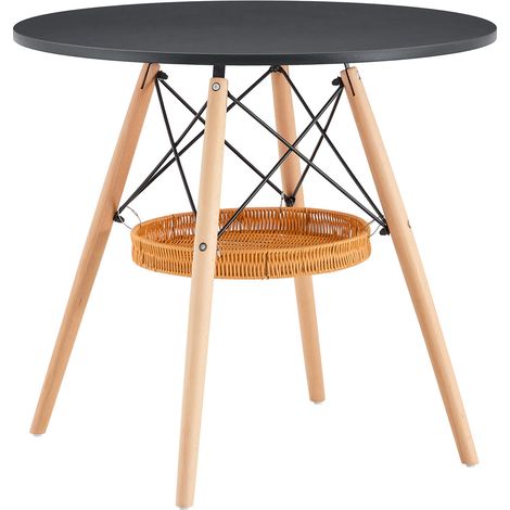 Table à manger ronde 80 cm avec plateau en MDF noir et pieds en bois massif, panier suspendu tressé, pour 2 à 4 personnes (1/5)