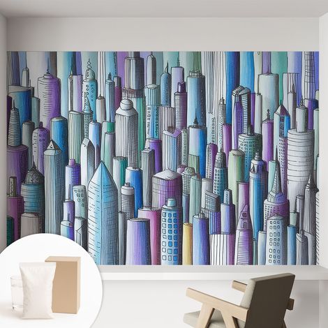 Tapete Vliestapete mit Kleber- abwaschbar - Raumgestaltung Schlafzimmer Wohnzimmer Tapete Stadthochhäuser 152x104 cm (1/5)