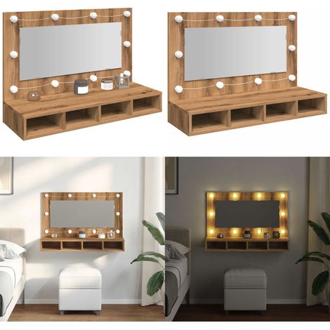 Armario con espejo y LED Roble Artesano 90x31,5x62 cm - Armario con luz LED - Armario de pared