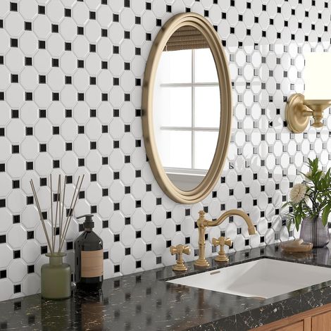 Epaisseur Carrelage Adhesif Mural Cuisine 3D Blanc et Noir 30x30CM Credence Adhesive pour Cuisine 3D Hexagone Dalle PVC Adhesive Murale Salle de Bain WC 16-Dalles Crédence Adhésive (1/5)