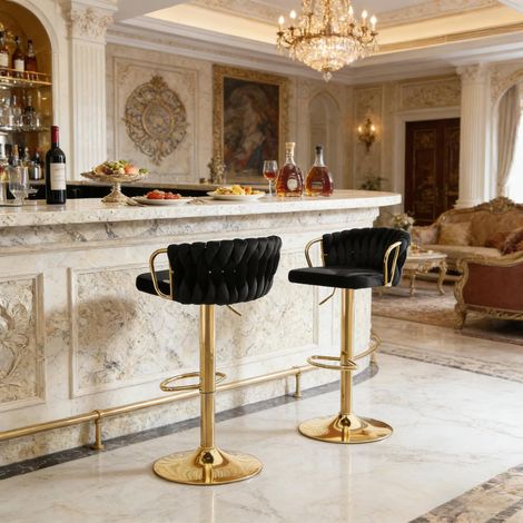 Tabouret de bar lot de 2 50,5x49,5x98 cm en métal et velours noir, réglable pour cuisine FloraGrace (1/5)