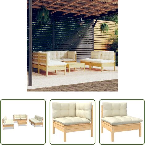 Terrassensofa - 7-tlg. Garten-Lounge-Set mit Creme Kissen Massivholz Kiefer (1/5)