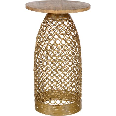 Mesa auxiliar de madera de mango clara dorado 30 cm metal forma geométrica Waihi