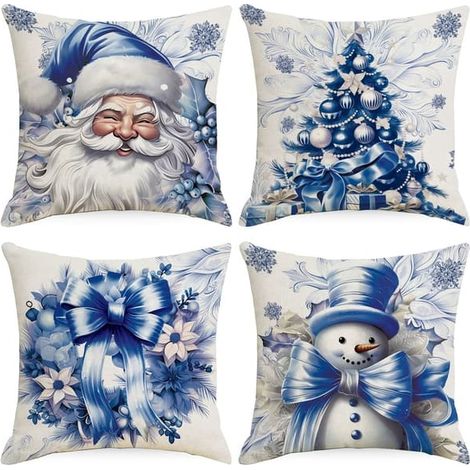 Lot de 4 taies d'oreiller bleues de Noël, 45 x 45 cm, motif Père Noël vintage, décorations de Noël bleues, taies d'oreiller de Noël vintage (1/5)