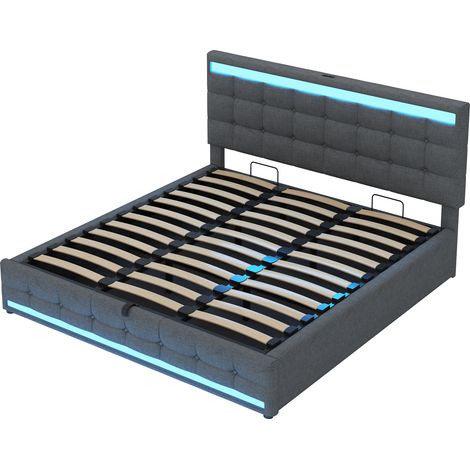 Cama tapizada 180 x 200 cm con almacenaje hidráulico, LED RGB y USB, gris (1/5)