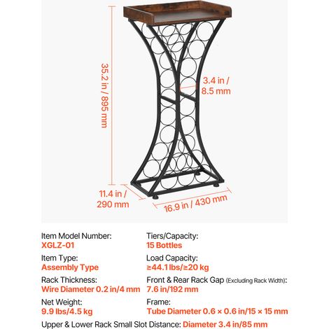 VEVOR 15 Bottle Wine Rack,Iron Freestanding Floor Wine Holder, Mini Bar Stand Liquor Cabinet with Wood Tabletop, For Home Bar,Kitchen,Living Room,Dining Room,16.9''L X 11.4''W X 35.2''H (1/4)