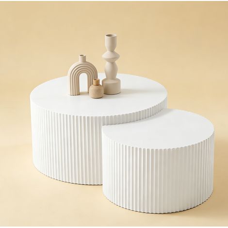 Lot de 2 tables basses en MDF blanc mat, tables empilables à bord ondulé (1/5)