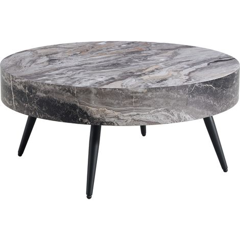 Table basse ronde en MDF avec finition marbre gris, pieds en métal noir, Ø 70 cm (1/5)