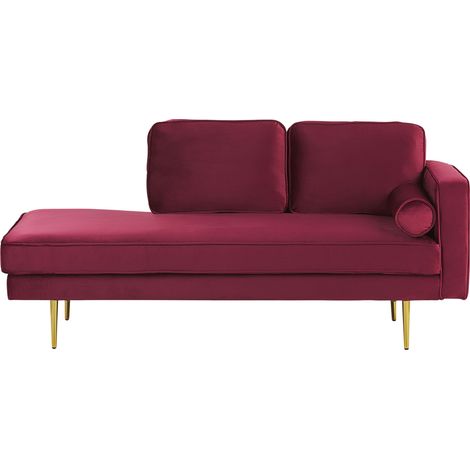 Chaise longue tapizado en terciopelo rojo oscuro versión derecha patas de metal diseño moderno Miramas