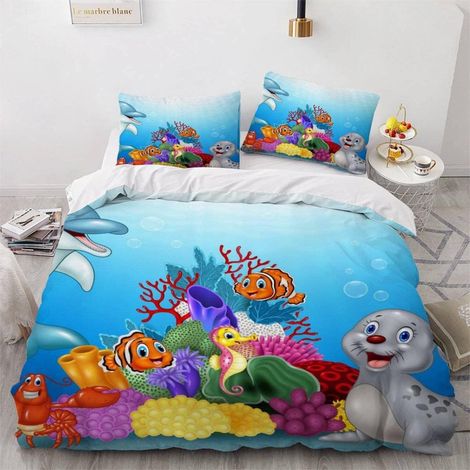 Housse de Couette 140x200 Enfant Poisson Parure de Lit 1 Personne Microfibre Housse de Couette Beau Fond Marin 3D Imprimé Literie Set 3 Pièces avec Fermeture Éclair - 140x200+2x50x75 (1/5)