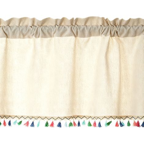 Court rideau en coton à pompons — Semi-transparent et anti-poussière. 132 x 46 cm. (1/5)