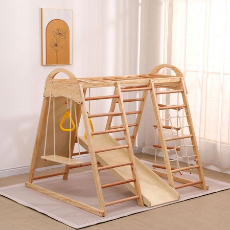 Struttura da Gioco 134x120x120 cm, con Scivolo e Altalena, Rete per Arrampicata, Playset Sicuro, Multigioco, in Legno, Naturale (1/5)