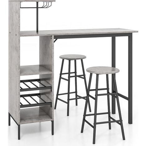 COSTWAY Set 3 Pezzi Tavolo e Sedie da Bar, Tavolo e Sgabelli da Pub Industriale con Porta Calici e 6 Portabottiglie da Vino, Set di Tavolo per Sala da Pranzo, Ristorante e Bar (Grigio) (1/5)
