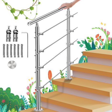 Rampe d'escalier acier inoxydable main courante balustrade Garde-corps argenté 180 cm 4 crossbars