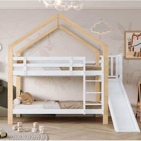 Lit superposé enfant bois massif et MDF blanc et naturel 90x200 cm, avec toboggan, échelle et barrières (1/5)