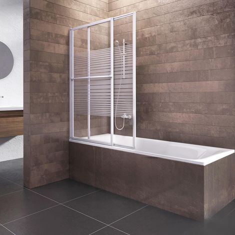 Pare-baignoire coulissant et pliant, 70 - 120 x 140 cm, Schulte, paroi de baignoire extensible 2 volets, verre 3 mm, profilé blanc, décor sérigraphié rayures horizontales