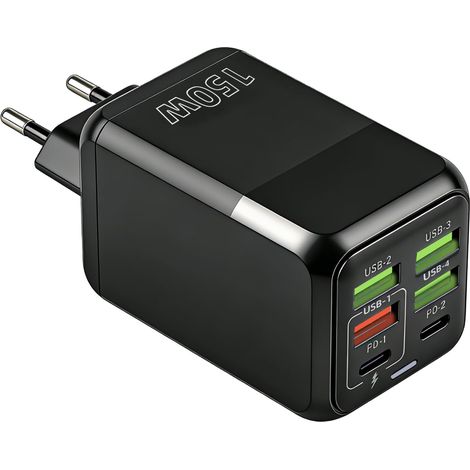 Chargeur USB C Rapide 150W 6 Ports Noir, Prise USB C Charge Rapide 150W, 2 PD 3.0 et 4 USB QC 3.0 Prise Chargeur Rapide Compatible avec 17 16 15 14 13 Pro 15 14 13 12 Pro/Promax, iPad, écouteurs et co (1/5)
