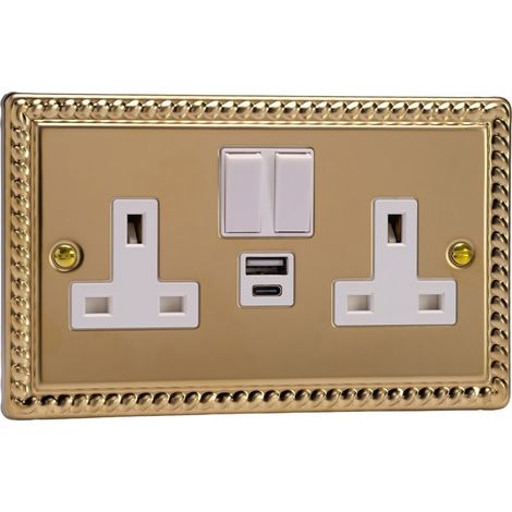 Varilight 2-Gang Switched Double Socket with 20W Shared USB-A and USB-C Charging Ports, White