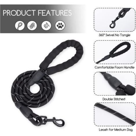 Laisse pour Chien de 1.5 m, Laisse Corde pour Chien Solide avec Poignée en Eponge Douce et Corde r Chiens Petits Moyens et Grands (1/4)