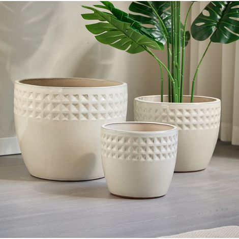 3er-Set Keramik-Blumentöpfe 38/30,5/23 cm, glänzend cremeweiß, mit Ablaufloch – MEUBLIV (1/5)