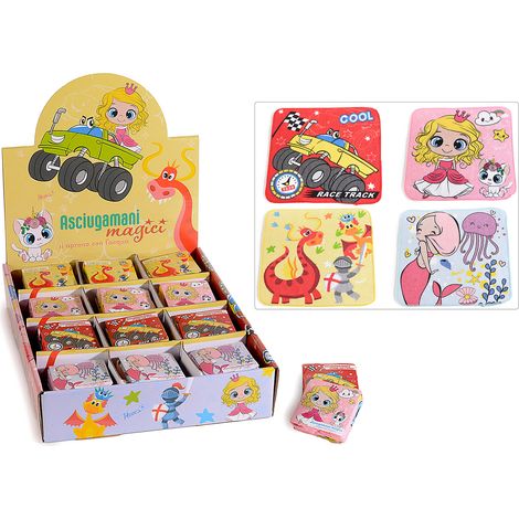 Mini asciugamani magici compressi che si sviluppano in acqua calda per bimbi in espositore da 36 pezzi, set da 36 pezzi, Aperto: cm 28 x 28 H