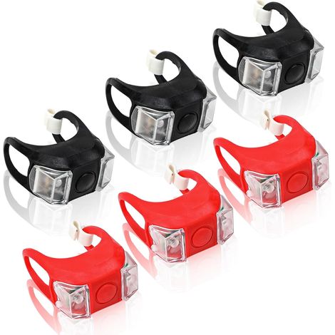 Lot de 6 Lumiere Vélo, Éclairage de Vélo Avant et Arrière Étanche, 3 Modes d'Éclairage, Phare et Feu Arrière de Vélo en Silicone Polyvalent, Piles Incluses (Noir + Rouge)