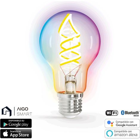 Lampadina Led a Filamento Smart A60 E27 4,9W Bluetooth Mesh RGB + Bianco caldo 2700K luce regolabile e dimmerabile Aigostar (1/5)