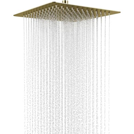 Pommeau de Douche à pluie, Douche pluie 12 pouces Or brossé, Tete de douche carré 30 x 30 cm, Douche de tête en acier inoxydable, Douche de tête à angle réglable, Montage au plafond ou mural. (1/5)