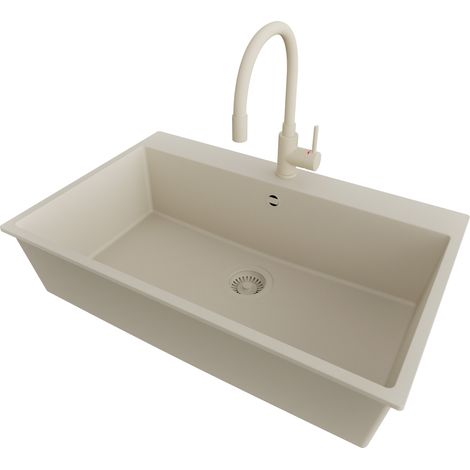 PRIMAGRAN Evier Cuisine en Granit 78x50cm,Lavabo 1 bac + Robinet 38x14cm + Kit de Vidage, Évier à Encastrer au meuble 80cm - Riga, Beige (1/5)