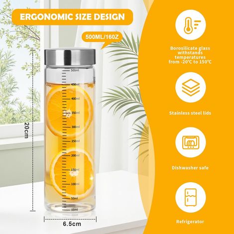 Ensemble de 4 bouteilles en verre transparent de 300 ml avec graduation, idéales pour les smoothies et les jus de fruits. (1/5)