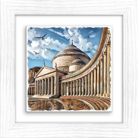 Lupia - Quadro moderno con paesaggi e localismi italiani Ceramica e Stampa Rilievo Cornice Legno Shabby Modern bianca Decorazione Parete Quadretti Soggiorno 29x29 cm NAPOLI BASILICA PIAZZA PLEBISCITO (1/4)