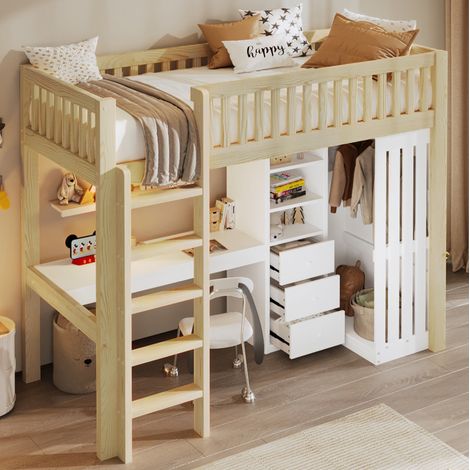 DESVIAE Lit mezzanine 90 x 200 cm avec bureau armoire 3 tiroirs rangement ouvert garde corps et escalier en bois de pin et MDF coloris naturel (1/5)