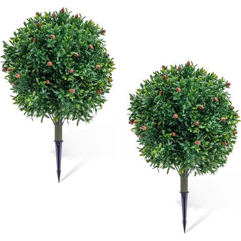 Lot de 2 boules topiaires artificielles en faux buis avec fleurs – 65 cm – Résistantes UV – Avec piquet de sol – Déco intérieur/supplémentaireérieur (1/5)