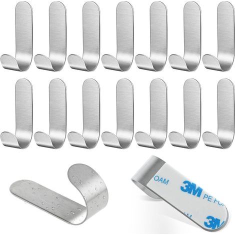 Lot de 15 crochets adhésifs muraux en acier inoxydable, étanches et antirouille, pour salle de bain et cuisine. (1/5)