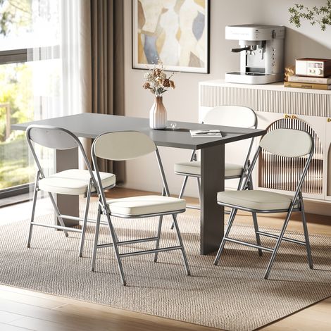 Ensemble 4 chaises pliantes capitonnées, Chaises pliantes en velours côtelé, dossier, cadre en métal, blanc crème (1/5)