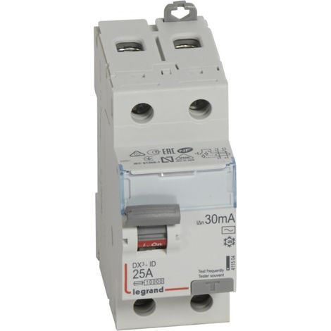 Interrupteur différentiel DX³-ID arrivée haute et départ bas à vis - 2P 230V 25A typeAC 30mA - 2 modules - LEGRAND