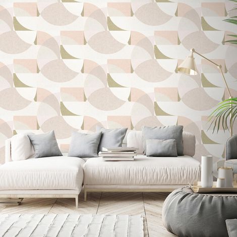 Papier peint géométrique beige et rose chambre adulte | Tapisserie moderne graohique beige bureau | Papier peint intissé couloir (1/2)