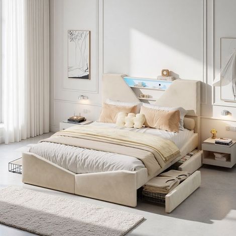 Cama doble para adultos - 140×190 cm - Cajones laterales y nicho triangular - Cabecero de terciopelo beige - LED 7 colores y cargador Qi