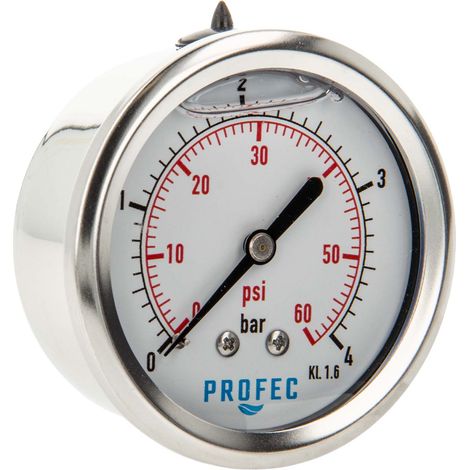 Profec Manometer 0 - 4 bar, Glyzeringefüllt, Ø 63 mm, 1/4 Zoll Anschluss nach hinten Axial, Überdruck-Manometer