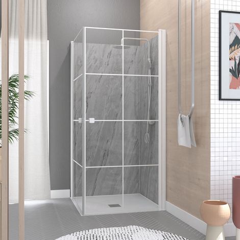 portes de douche en angle 80x80x190 cm - motifs carrés - profilés blanc - white cube (1/5)