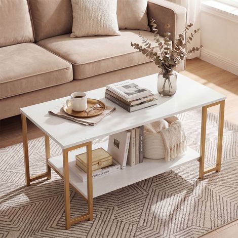 COSTWAY 2-Tier Coffee Table Modern Accent Table with Open Storage Shelf White (1/5)
