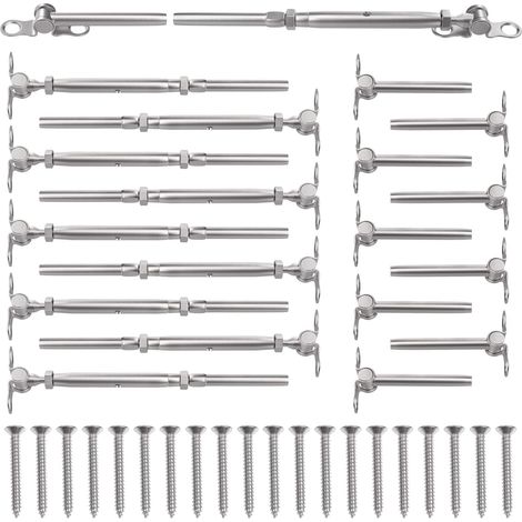 Kit de 10 pares de cables para barandilla de 3/16", acero inoxidable T316, herrajes de ángulo ajustable de 3/16", para postes de madera de 2" x 2", 4" x 4", tensor de palanca y tapa de extremo para ba