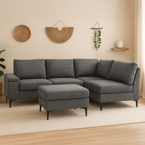 Divano angolare 4/5 posti in tessuto ciniglia grigio antracite con pouf COLCHESTER