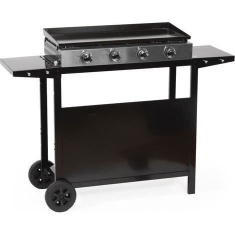 Happy Garden – Plancha à gaz 4 brûleurs 8kW – Acier émaillé – Chariot à roulettes – Bac récupérateur de graisse