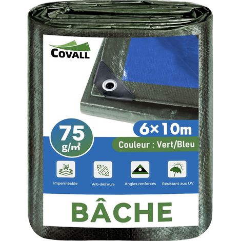 Bâche imperméable extérieure 6mx10m,75g/m²Multifonction pour Camion Résistant UV et déchirure, œillets métalliques antirouille, vert (1/5)