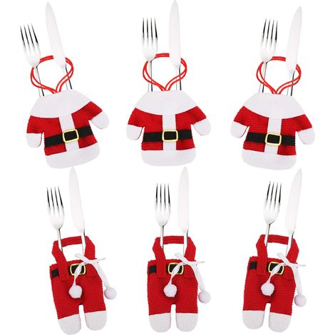 Ensemble de 6 porte-couverts en forme de costume de Père Noël, pochettes de rangement festives pour couteaux et fourchettes, décoration de table pour les fêtes de Noël. (1/5)