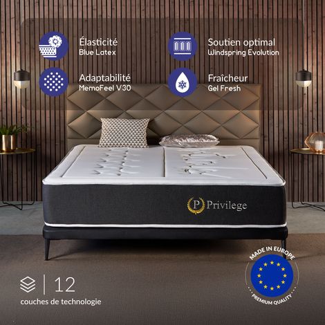 Matelas 180x200 cm - Privilège - Matelas Ressorts Ensachés Hybrid, Mousse mémoire HR, Blue Latex, Équilibré, Réversible, Très épais 30 cm