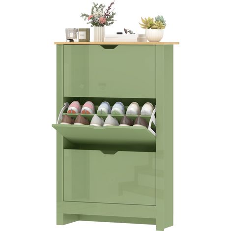 Meuble à Chaussures 18 Paires, Armoire à Chaussures à Haute Brillance, 3 Tiroirs Rabattables, Étagères Réglables, Vert (1/5)
