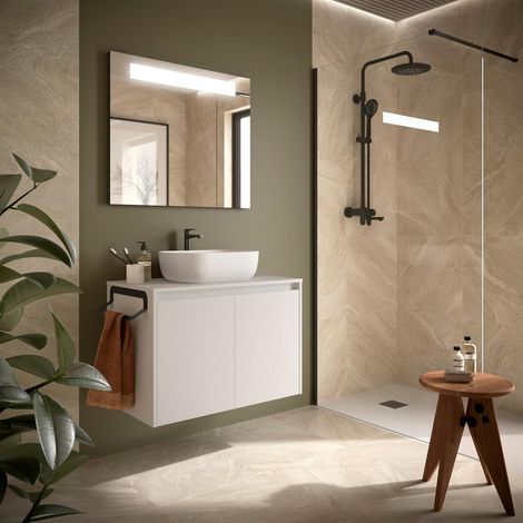 Badezimmermöbel BALTIC 800 2 Türen WHITE SATIN + Waschtisch-Platte (1/2)