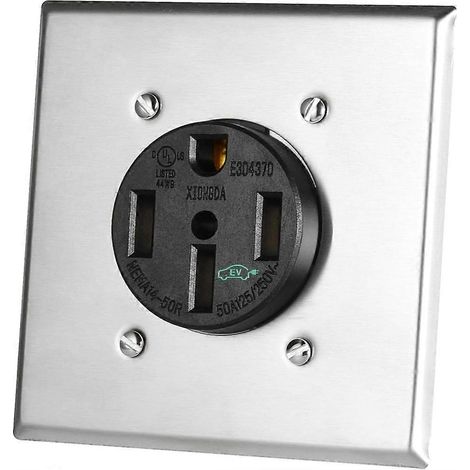 Prise de recharge pour véhicules électriques NEMA 14-50R 50 A avec plaque murale en acier inoxydable, 125/250 V, triphasée, 4 fils, mise à la terre, pour véhicules électriques et camping-cars. (1/5)
